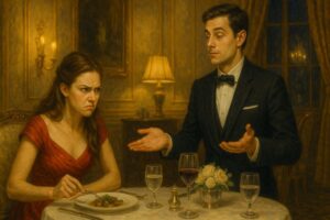 怒った表情の女性と困惑した様子の男性が食事の席で向き合っている絵画風の場面