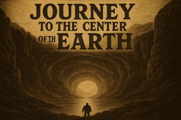 『地底探検(Journey to the Center of the Earth)』の洞窟入口を描いたイラスト。探検家が巨大な地底空間を見つめているシーン。