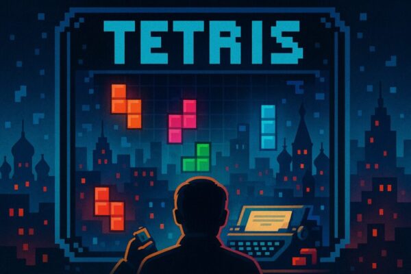 レトロゲーム風のパズル画面を背景に、男性がキーボードと携帯端末を前にシルエットで立っているイラスト