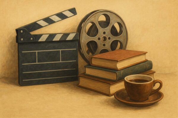 映画のフィルムリールとカチンコ、積まれた本、コーヒーカップが並ぶイラスト